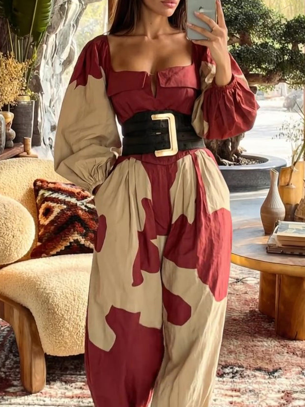 Red-Brown Colorblock Puff-Sleeve Waist-Cinched Jumpsuit