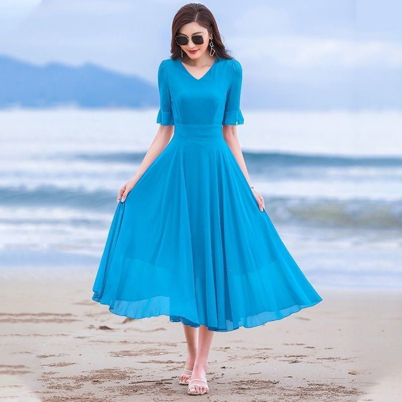 Short-height Long-style Wide-hem Chiffon Dress Ultra-fairy and Elegant Beach Maxi Dress