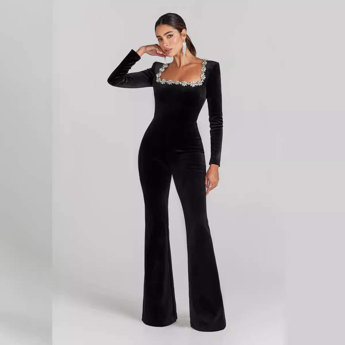 Women's Fashion Diamond Hollow High Waist Slim-fit Solid Color Jumpsuit