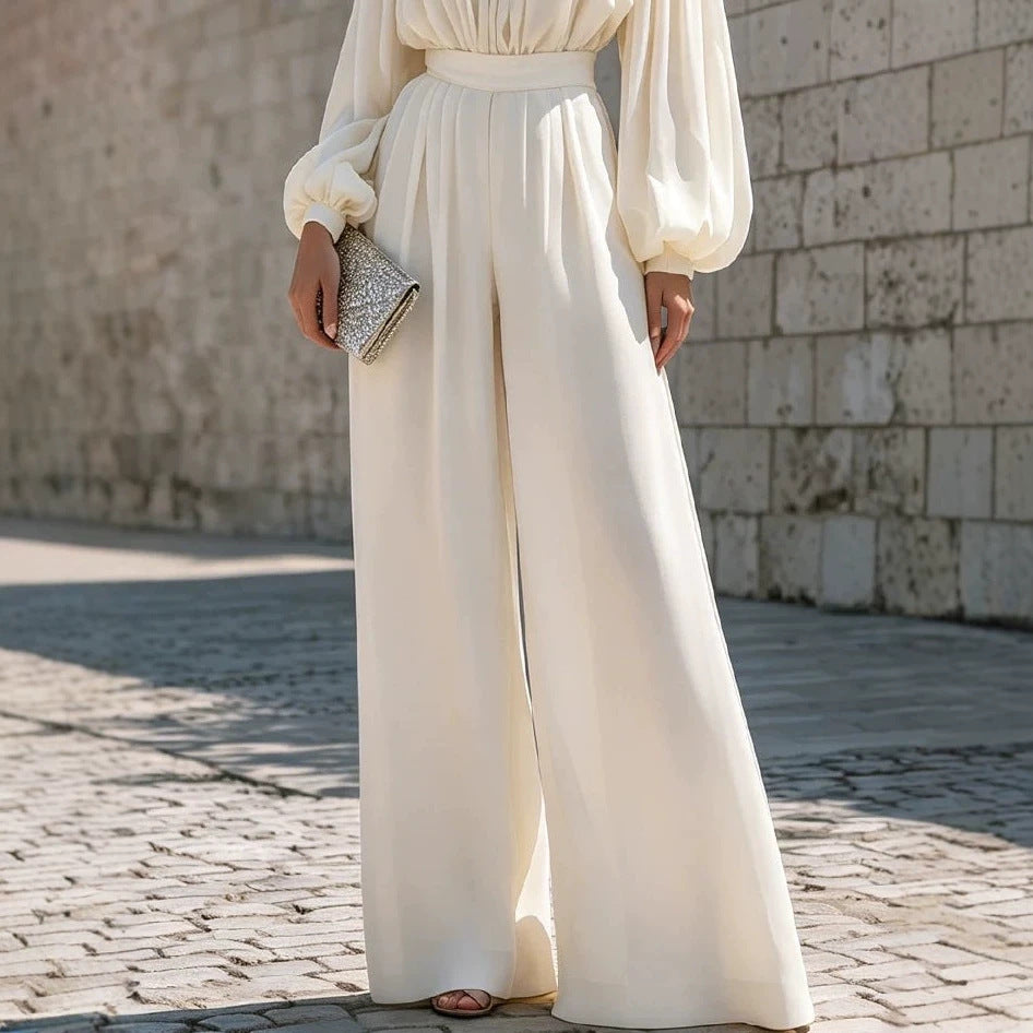 One-shoulder Puff-sleeve Waist-cinching Wide-leg Jumpsuit