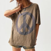Khaki Loose Cotton T-Shirt – Short Sleeve, Color Block