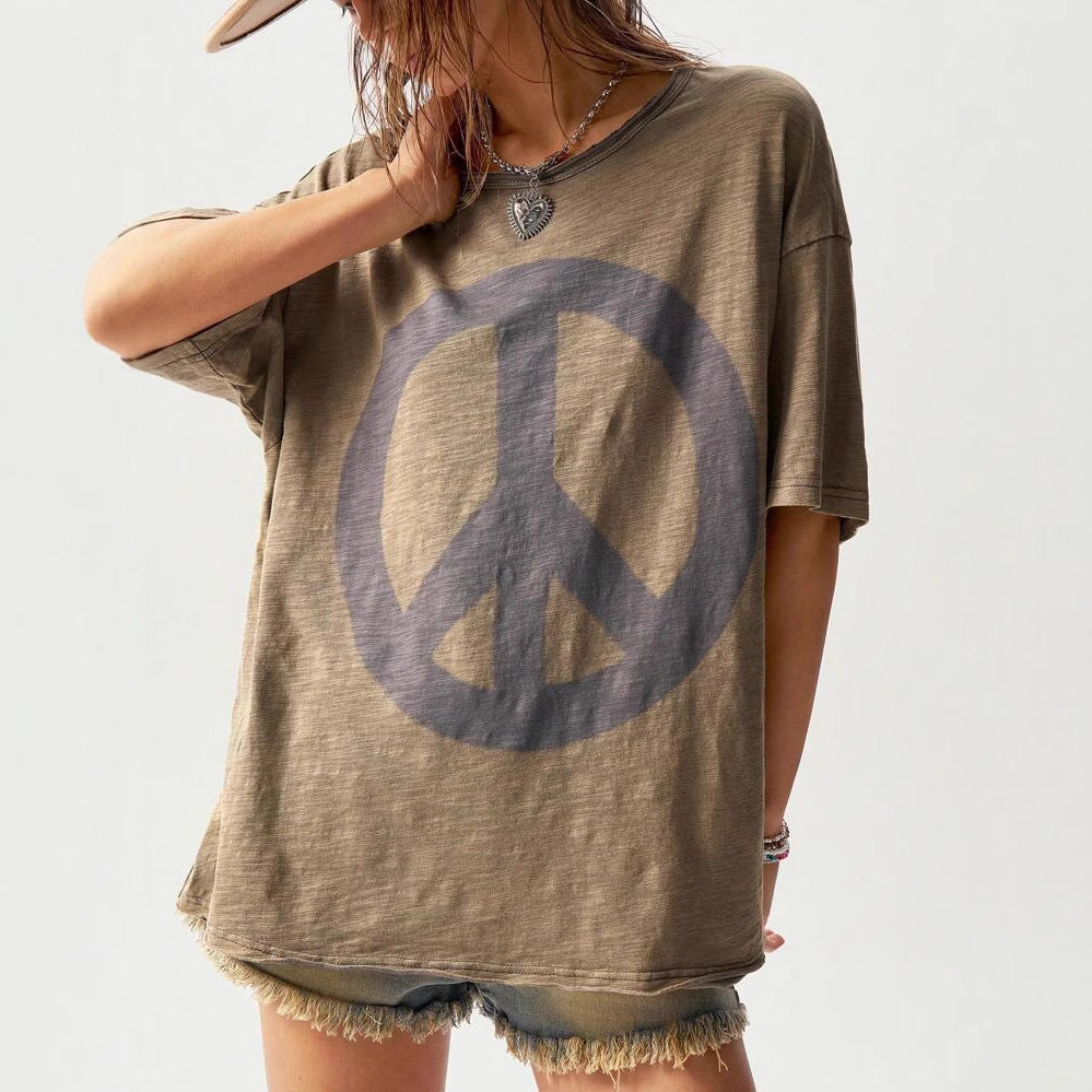Khaki Loose Cotton T-Shirt – Short Sleeve, Color Block