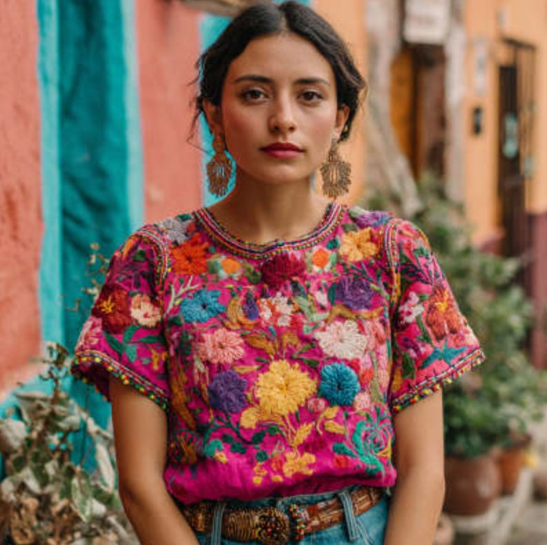 Boho Rose‑Embroidered Linen Top – Loose, Retro Chic