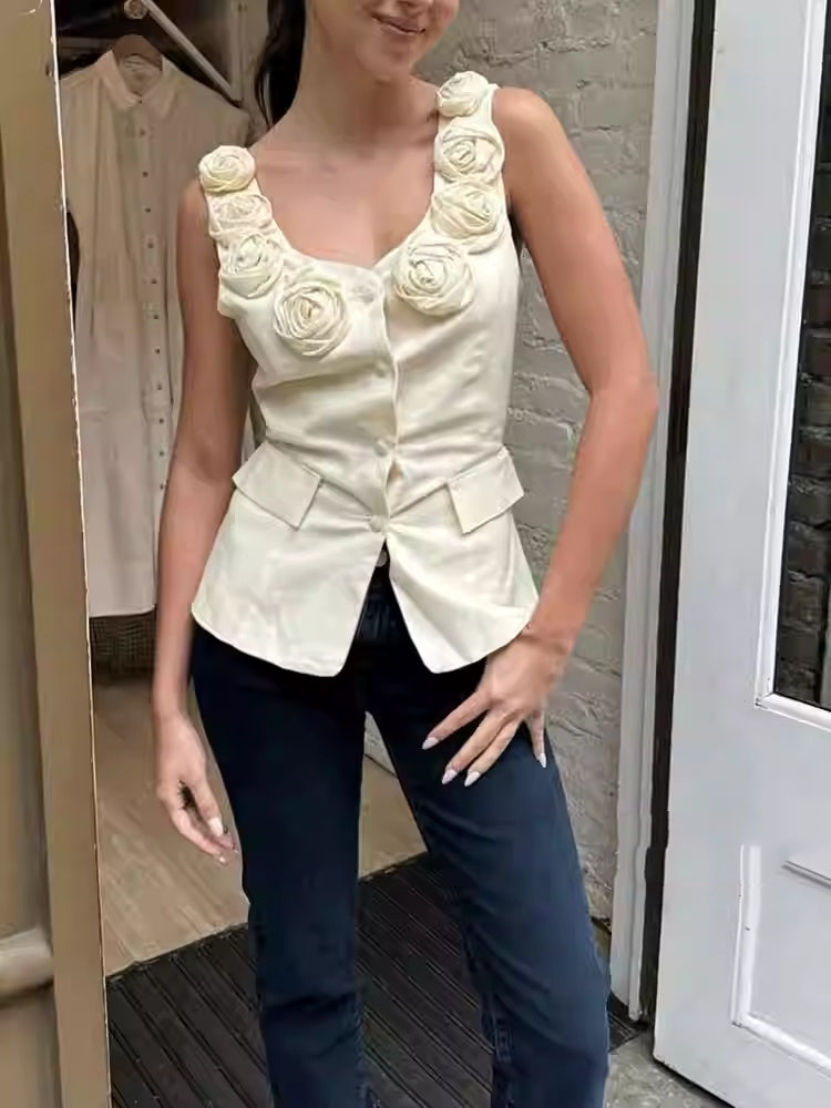 Female Fashion Single-breasted Three-dimensional Flower Vest Jacket