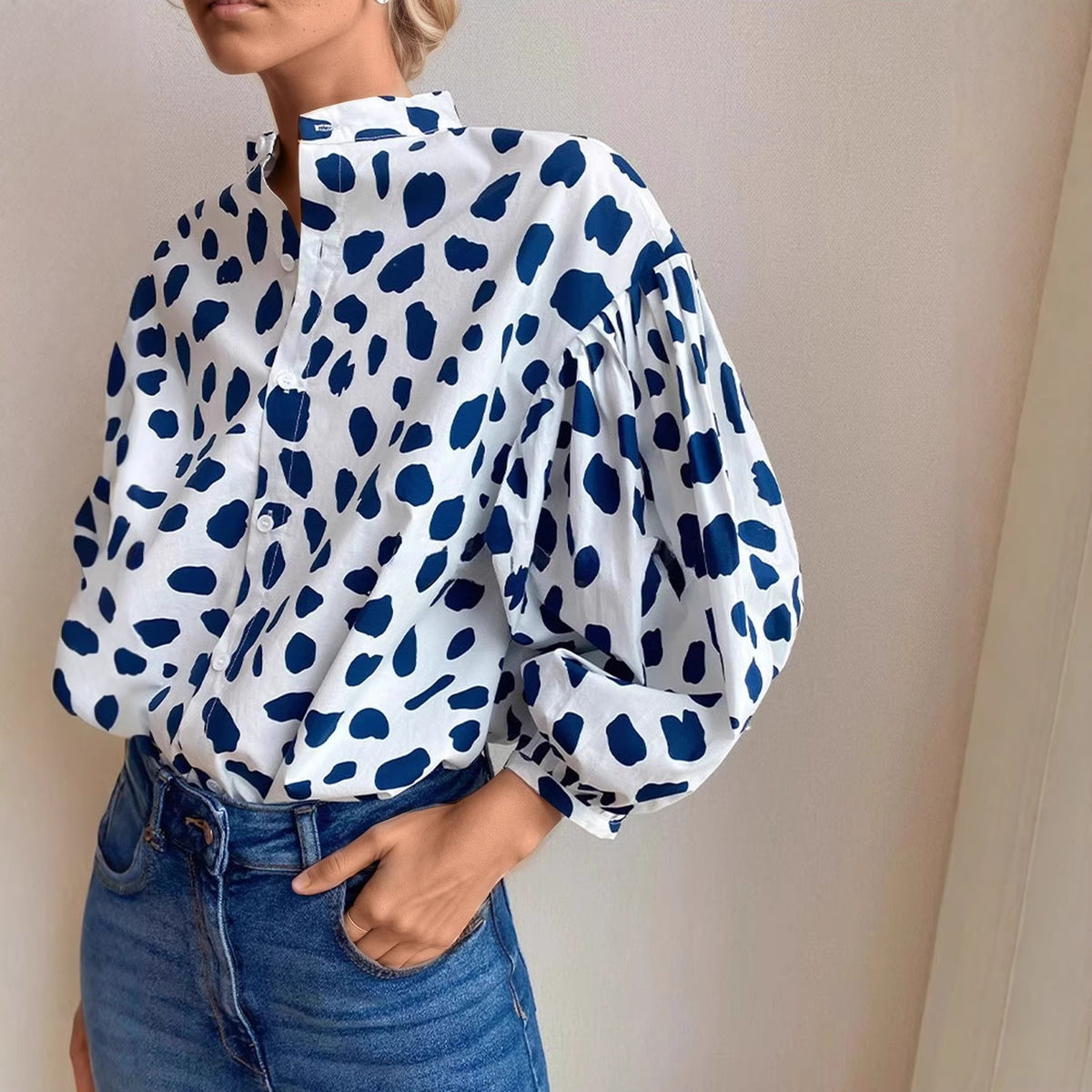Chic Polka Dot Lantern Sleeve Work Top