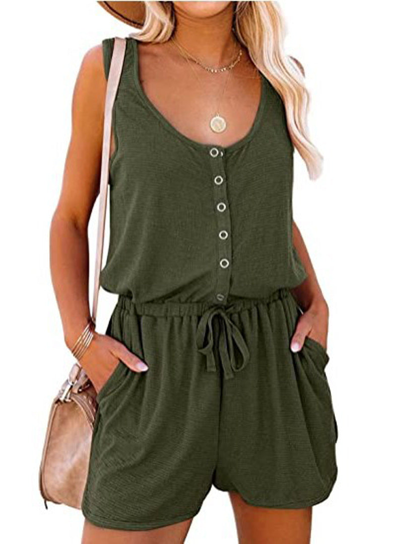 Summer Sleeveless Lace-Up Wide-Leg Romper