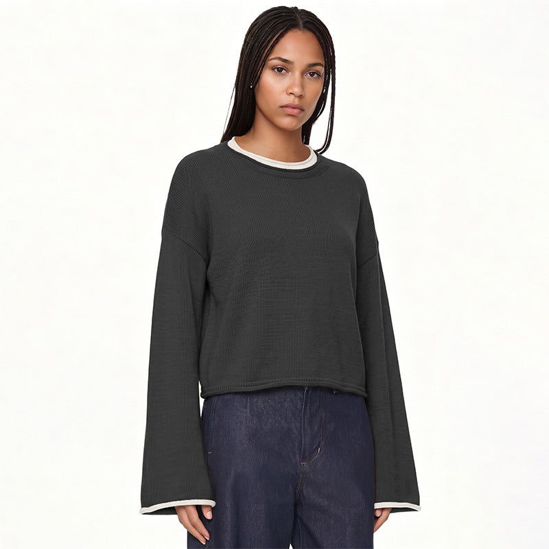 Womens Pullover Sweater Loose-fit Round-neck Casual Knit Top