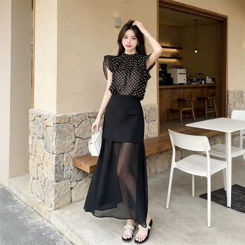 Polka-Dot Blouse & High-Waisted Skirt Set