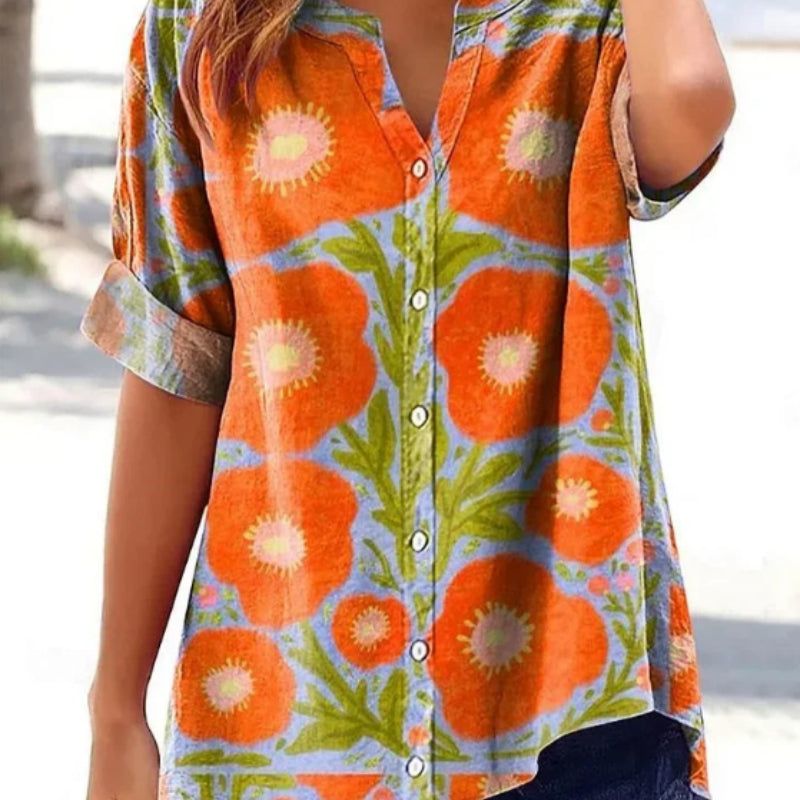 Floral Cotton-Linen Short Sleeve Shirt – Light, Breathable Women’s Tee