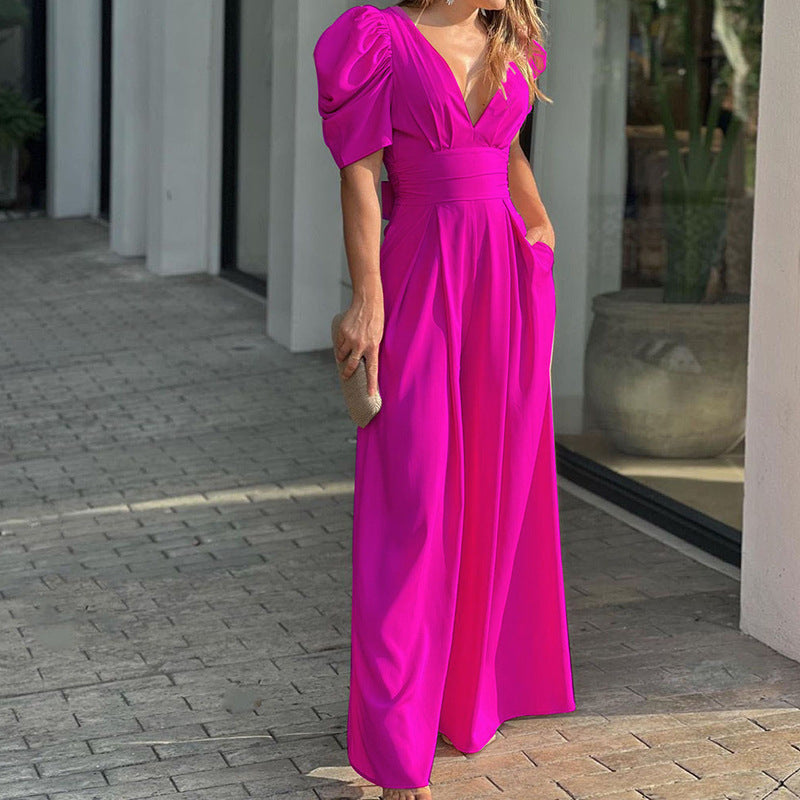 Elegant Plus Size Wide Leg Jumpsuit with Puff Sleeves