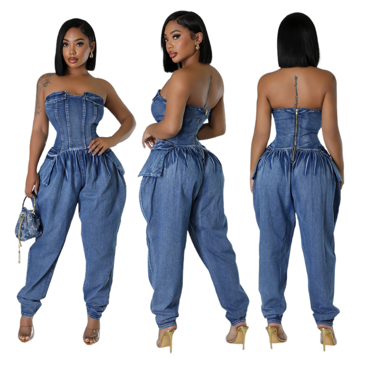 Women's High Stretch Denim Tube Top Jumpsuit