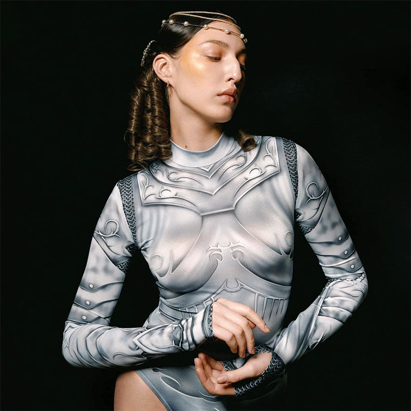 Edgy Mechanical Print Turtleneck Long Sleeve Jumpsuit