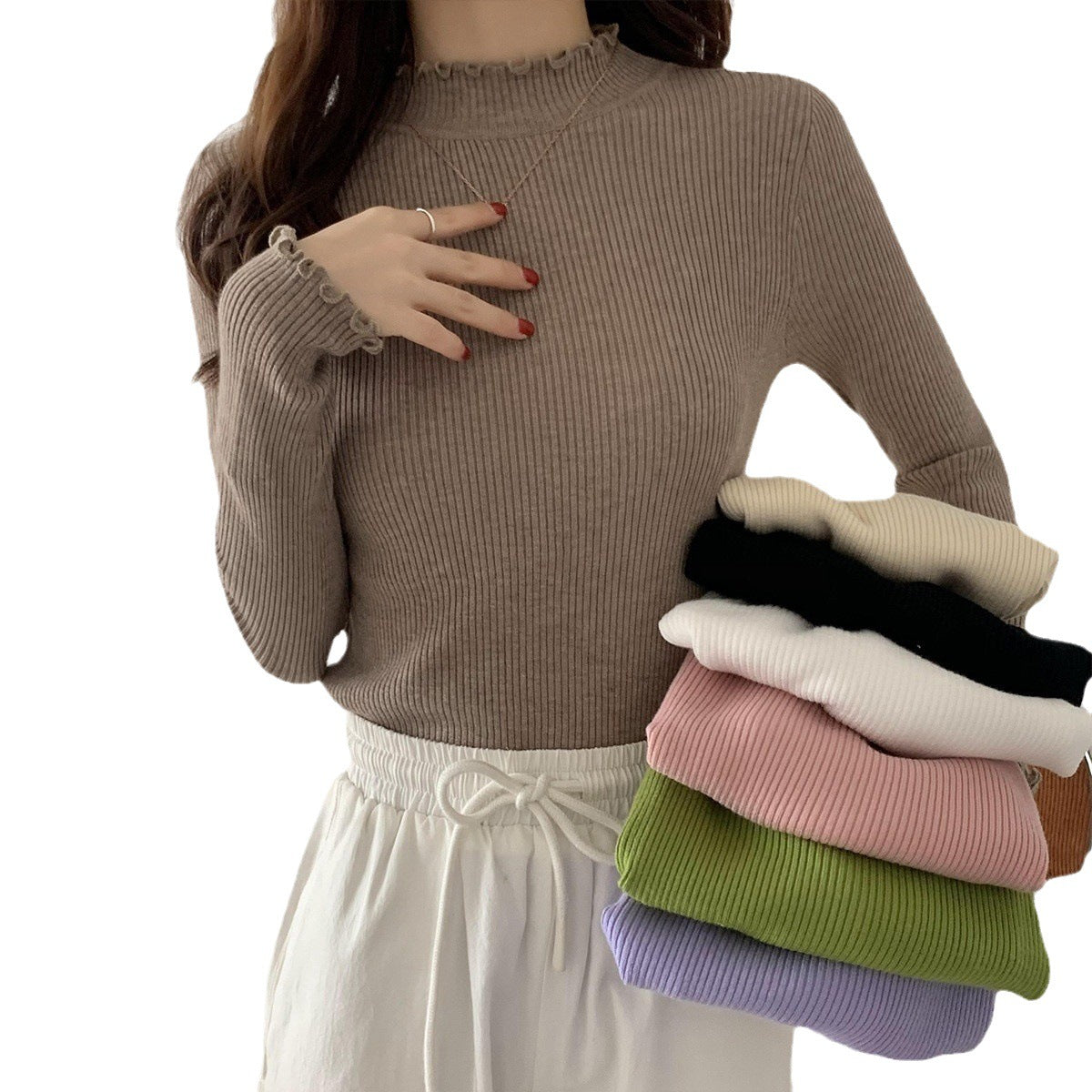 Slim-Fit Mock Neck Long-Sleeve Layering Sweater