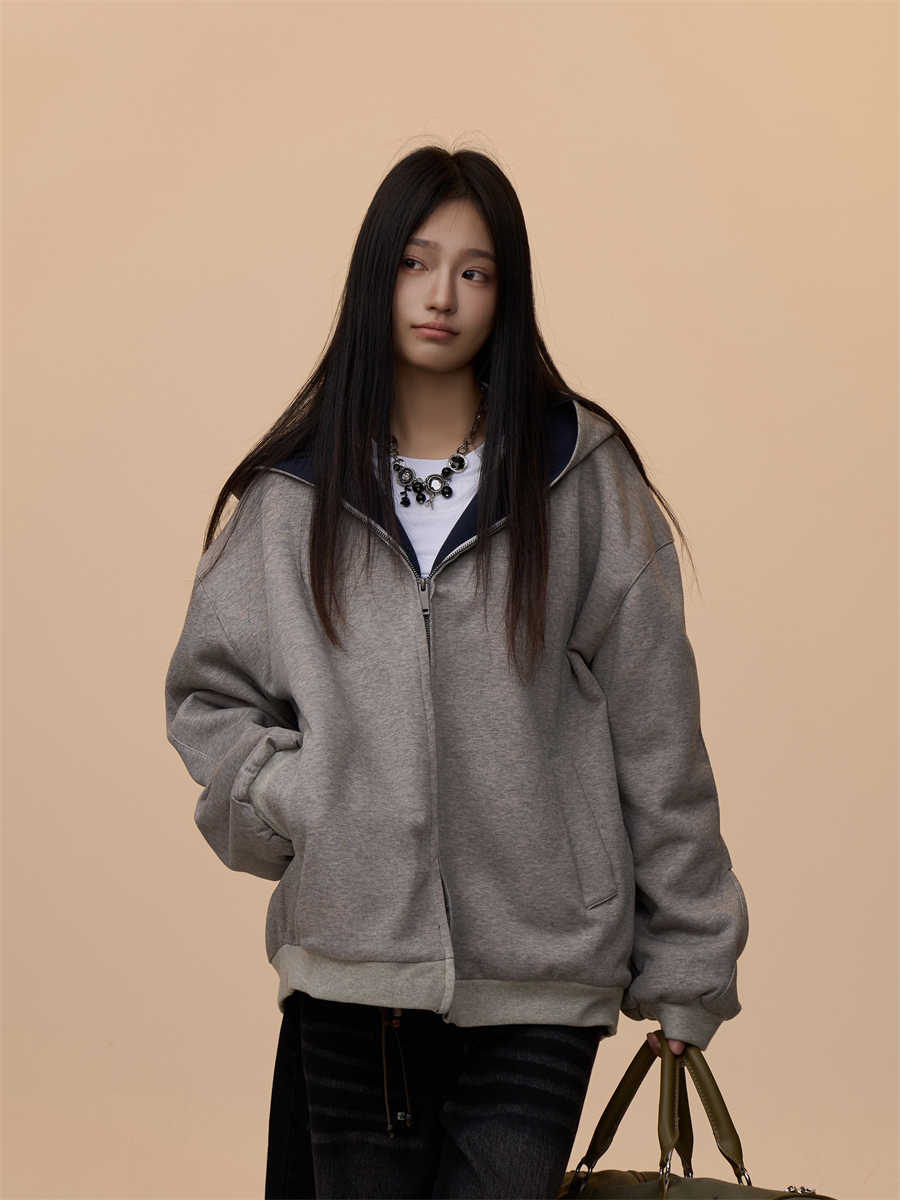 Women's Double Zipper Cardigan Sweater Loose Casual Hooded Coat