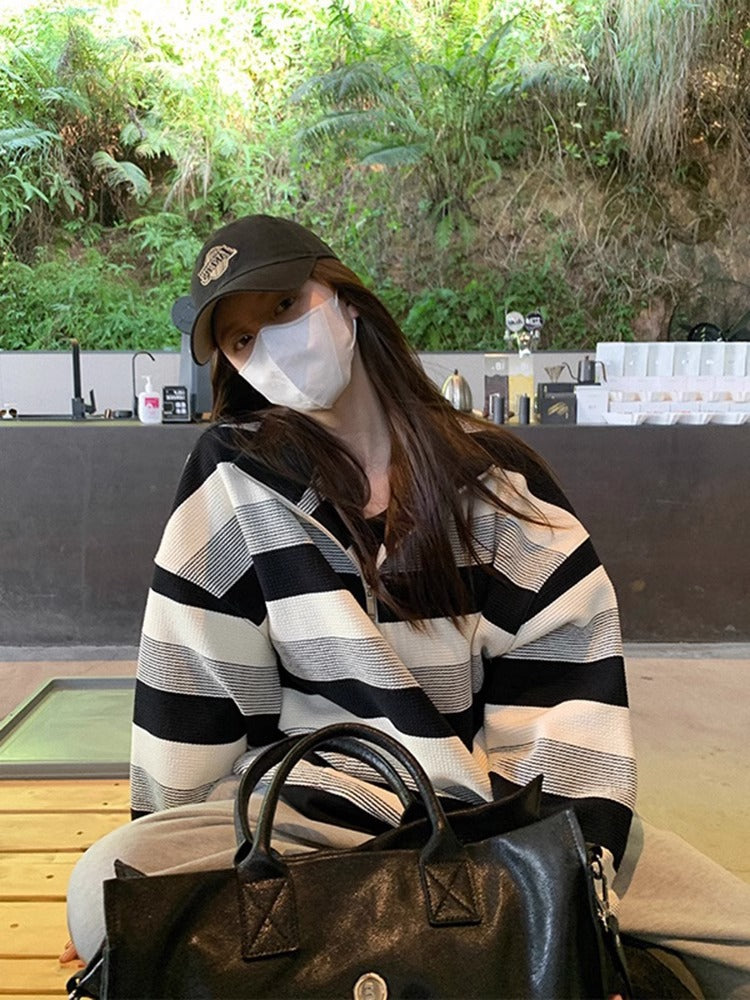 Women's Retro Half-Zip Striped Sweatshirt