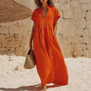 Simple Relaxed-fit Cotton-linen Long Dress with a Short Sleeve and Zipper