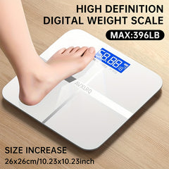 Digital bathroom scale with LCD display and weight tracking up to 396 lbs