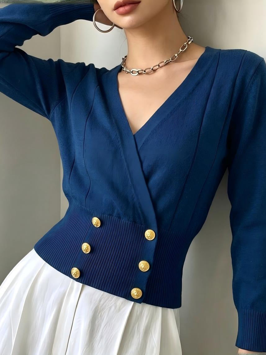 V-neck Double-breasted Knitted Cropped Sweater