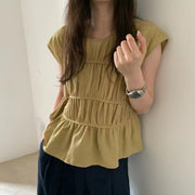 Sweet Temperament Pure Color Pleated Round Neck Versatile Design Sleeveless Pullover Shirt Top For Women