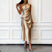 High-elastic Satin Sleeveless Off-shoulder Mid-length Waist-cinching Dress