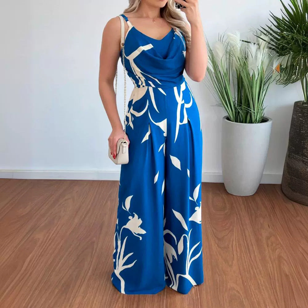 Chic Printed Wide-Leg Jumpsuit with Suspender Waist
