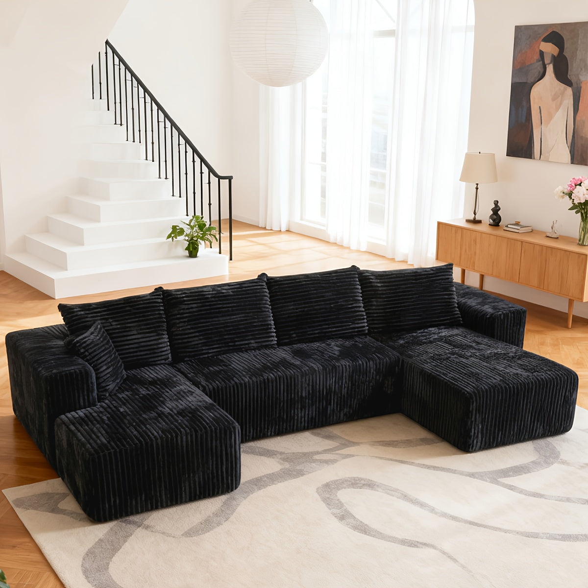 Modular L-shaped chaise longue sofa bed with deep seat and corduroy upholstery