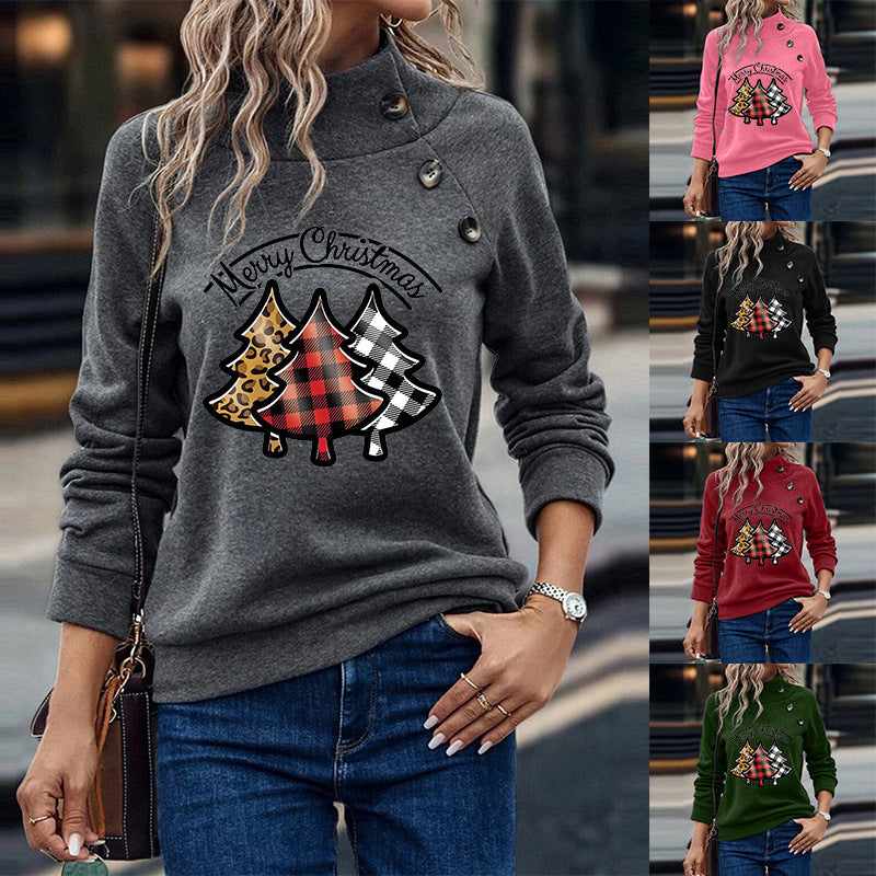 Cartoon Turtleneck Buttons Christmas Printed Sweater For Women