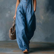 Retro Casual V-Neck Front-Button Sleeveless Jumpsuit For Women