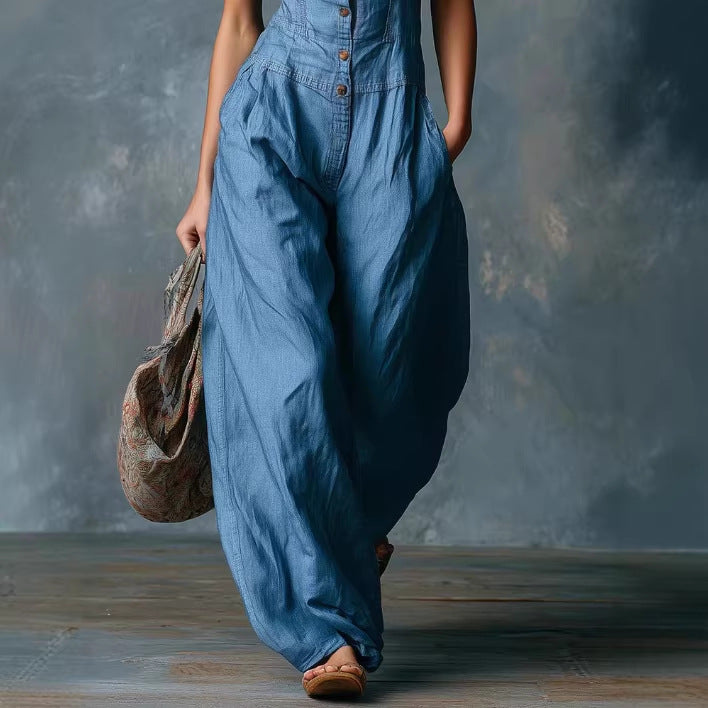 Retro Casual V-Neck Front-Button Sleeveless Jumpsuit For Women