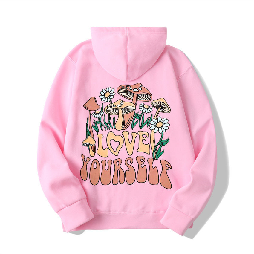 Plus Size Cute Mushroom Slogan Cozy Pullover Hoodie