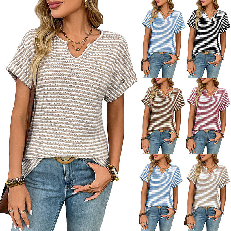 Women's Loose-Fit V-Neck Striped Short Sleeve Tee – Casual
