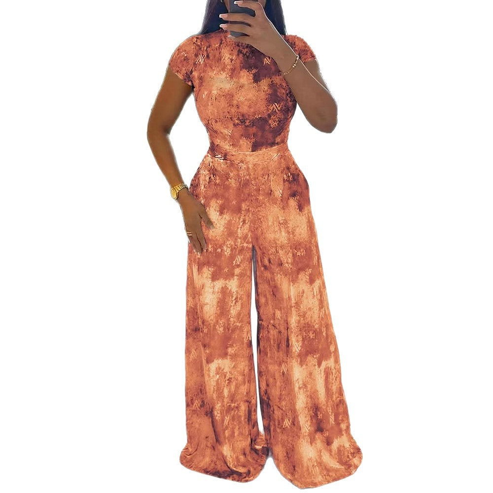 Euro-American Fashion Printed Belted Wide-leg Jumpsuit