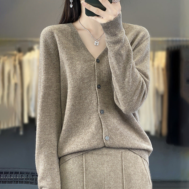 Womens Wool Cardigan Long-sleeve V-neck Sweater Coat