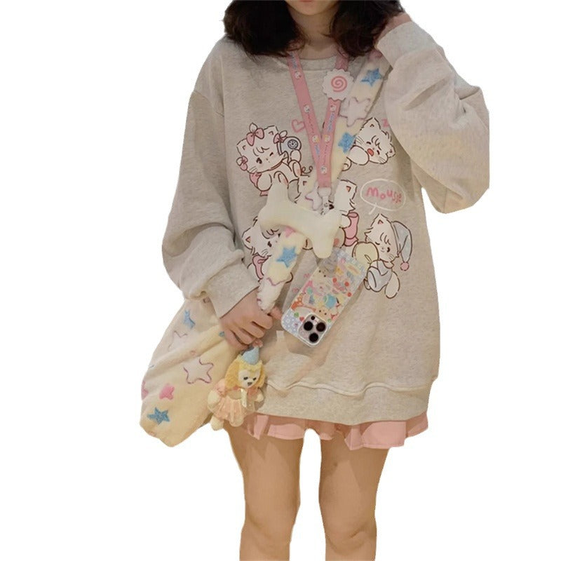 Cute Cartoon Fleece-Lined College Style Sweatshirt