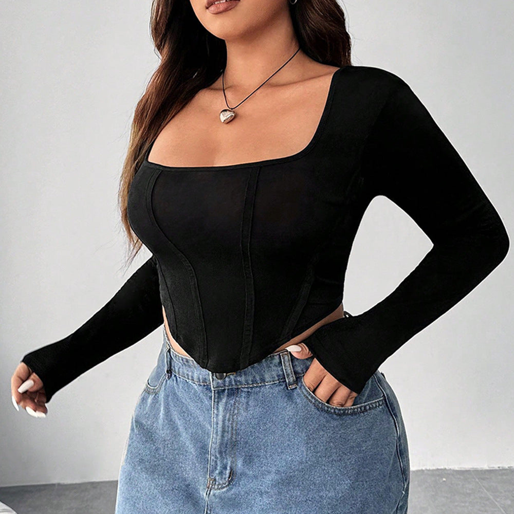 Plus Size Square Collar Fishbone Solid Bottoming Shirt