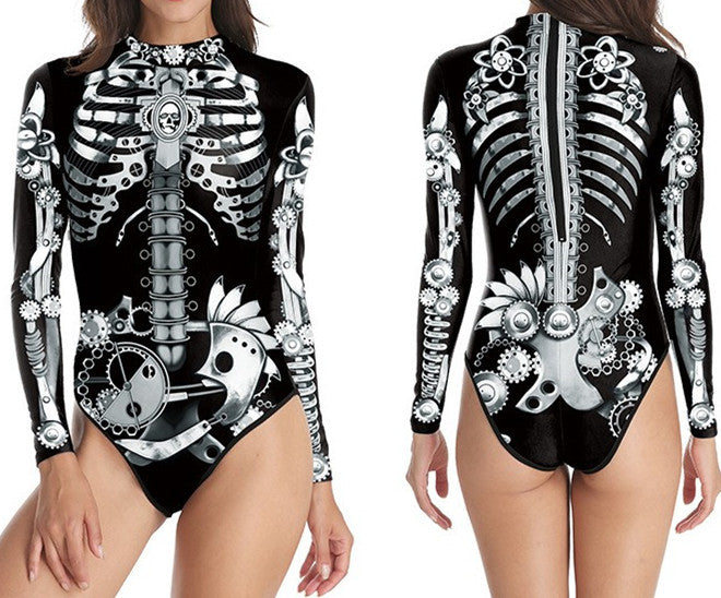 Women's Long-sleeved 3d Digital Printing Skull Skeleton One-piece Swimsuit