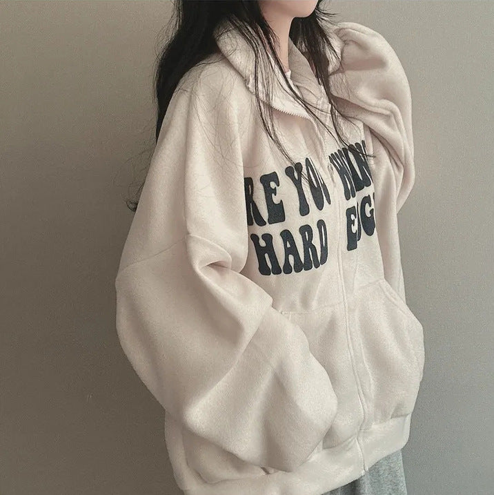 Women's Plus Velvet Alphabet Zip-Up Loose Cardigan Sweater