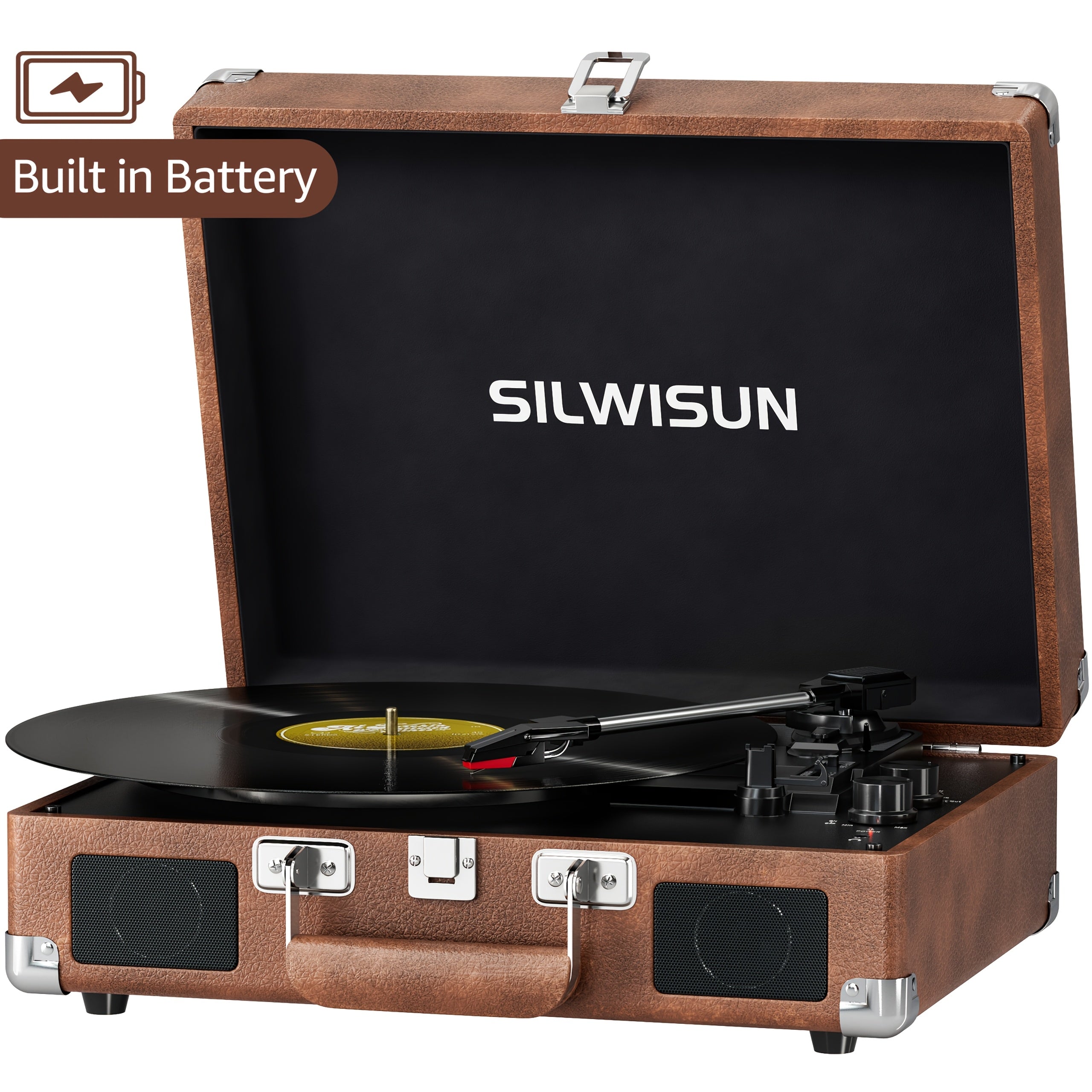 Portable Vinyl Record Player with Built‑In Speakers, Battery Powered, 3‑Speed Turntable, Wireless, Suitcase Design, 3.5 mm Headphone Jack, Aux In & RCA Out – Pink, Green, Brown, Black