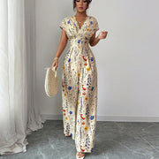 Chic Waist-Cinching Wide-Leg Short Sleeve Romper