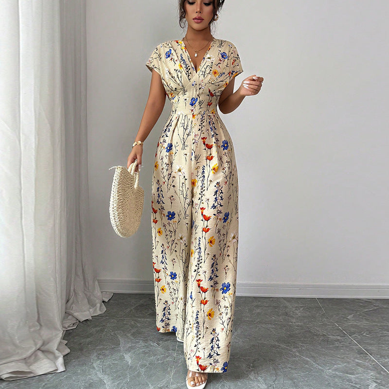 Chic Waist-Cinching Wide-Leg Short Sleeve Romper