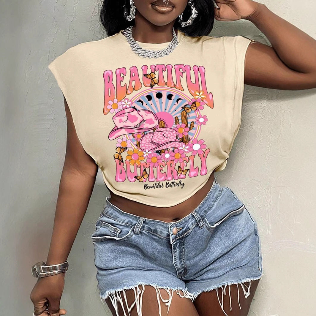 Floral Butterfly Crew Neck Short-sleeve Midriff-baring Womens Outfit