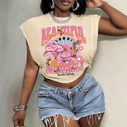 Floral Butterfly Crew Neck Short-sleeve Midriff-baring Womens Outfit