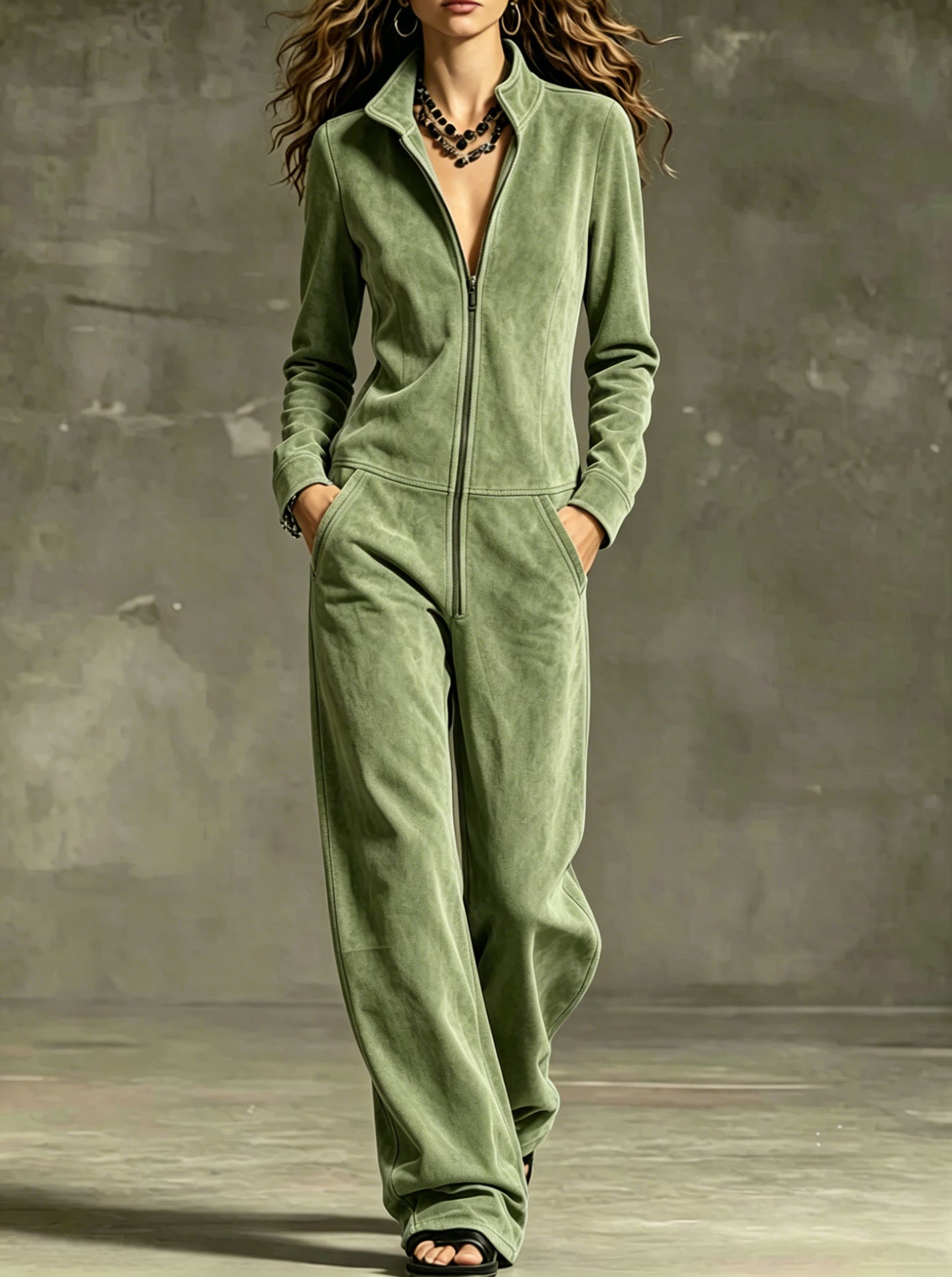 Women's Velvet Wide-Leg Jumpsuit with Pockets