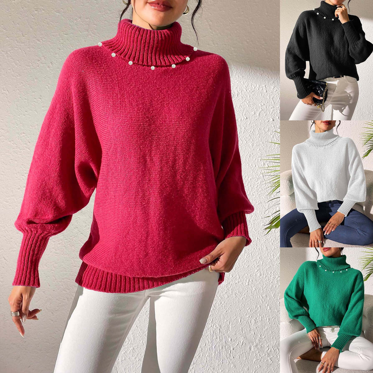 Women's Solid Color Simple Top Pearl Beaded Turtleneck Sweater Women's Base Shirt