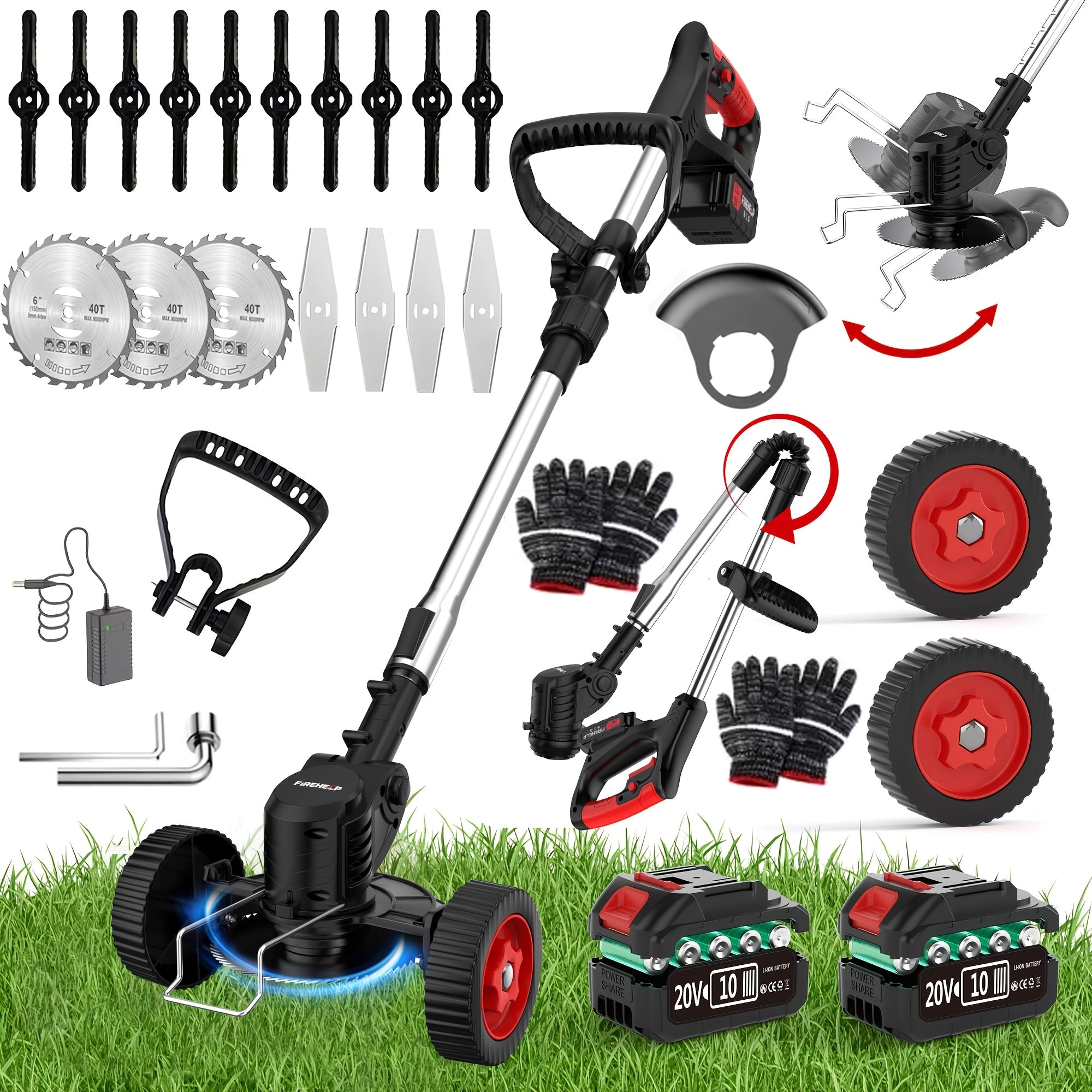 Portable Cordless 3-in-1 Electric Lawn Mower with Adjustable Height, Rotating Head, 3 Blades and Dual Lithium Batteries