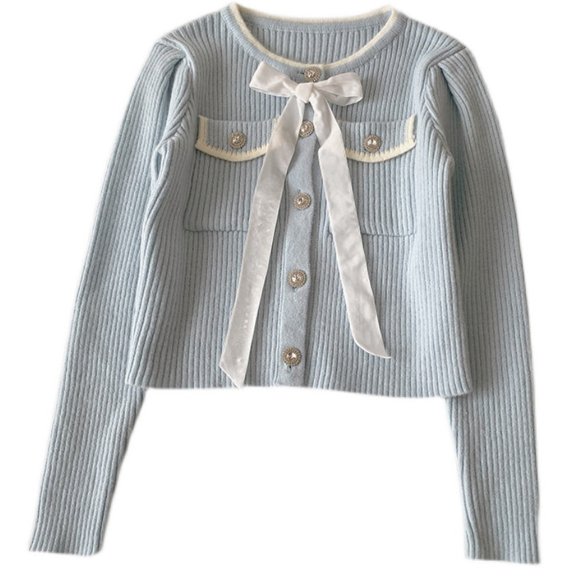 Retro Bow Diamond Cardigan French Short Top