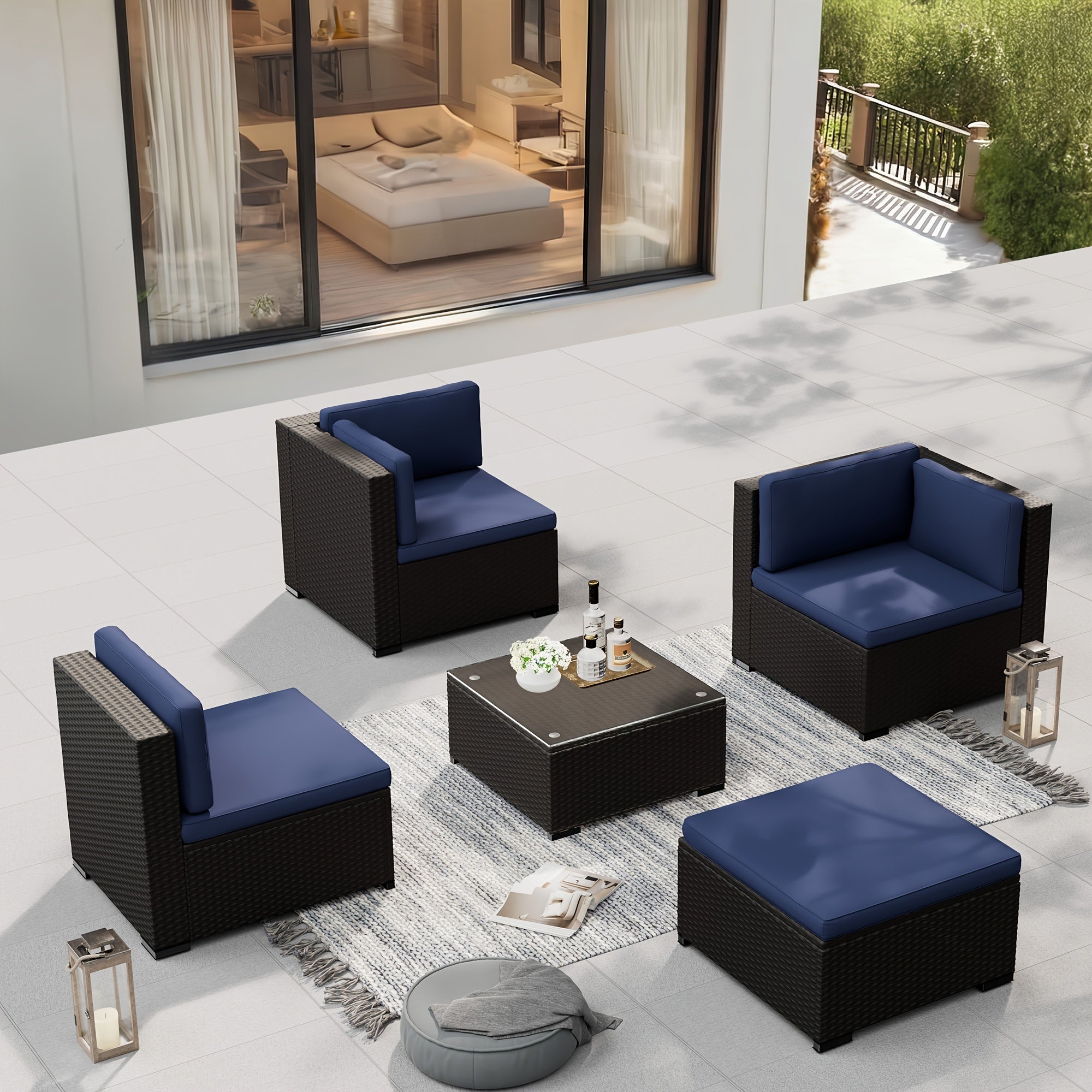 [Outdoor Patio Set] 5pcs Outdoor Patio Furniture Set with Sofa & Glass Table - Rattan & Sectional Sofa Suitable for Group Seating, Cushioned Sofa Table with Glass Top Table, Assembly for, Balcony, Poolside (Navy Blue/Brown/Grey)