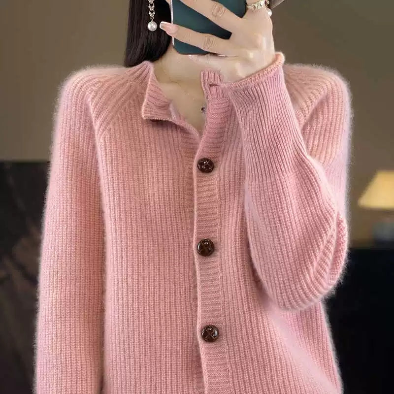 Womens Thickened Long-sleeve Knitted Cashmere Cardigan with a Crew Neck