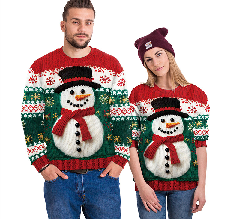 Festive Snowman Christmas Tree Print Crewneck Sweater