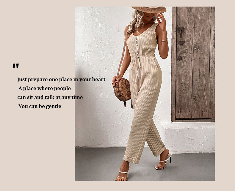 European And American Style Pleated Solid Color Suspender Jumpsuit